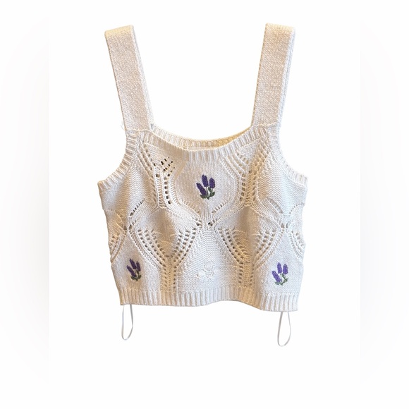 PINK ROSE Cream Knit Lavender Embroidered Crop Top XS, Cottagecore Boho vibes 💜 - Picture 3 of 6